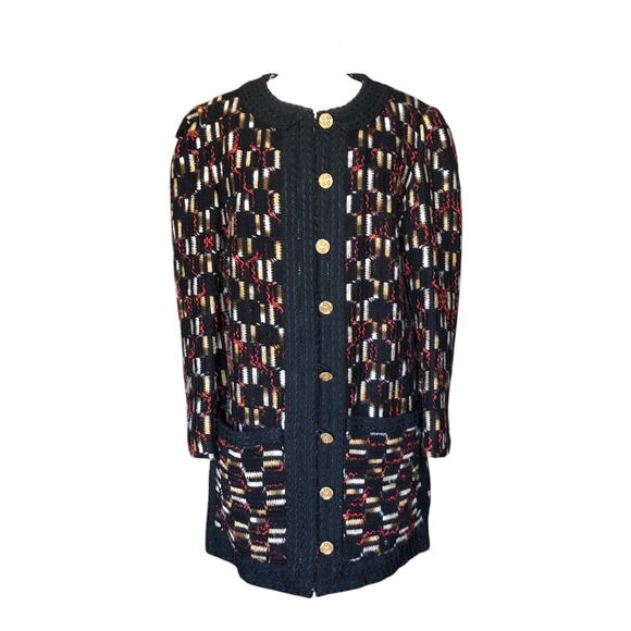 Vintage Tulay Knit Cardigan Coat Jacket Black Red Gold Button Front Long Sweater - Picture 1 of 9